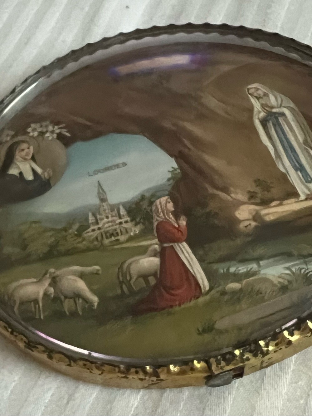 Religious Scenic Dome Wall Hanging of Lady of Lourde withGold Trim - Handpainted